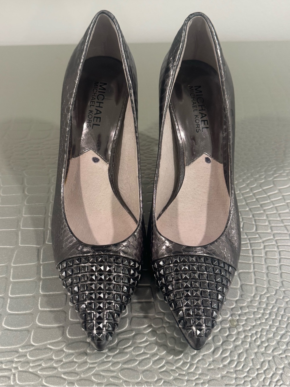 Michael Kors Metallic Studded Pointed-Toe Pumps in Gunmetal